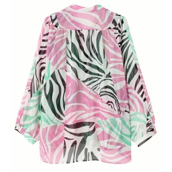 NEW Zara Semi Sheer Pink Zebra Pattern Blouse Top- Size M Oversized - Picture 5 of 16